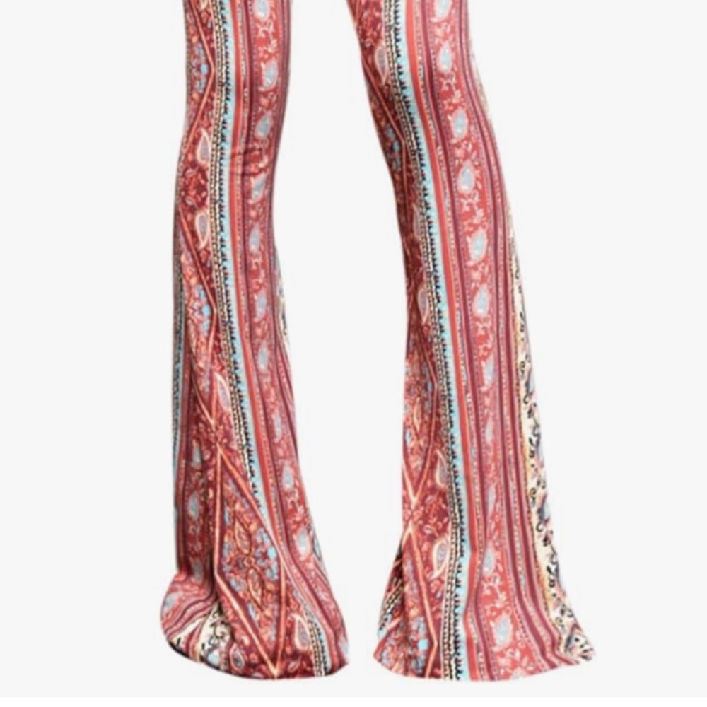 Fall floral bohemian bell bottom flared pant festival rave high waisted paisley